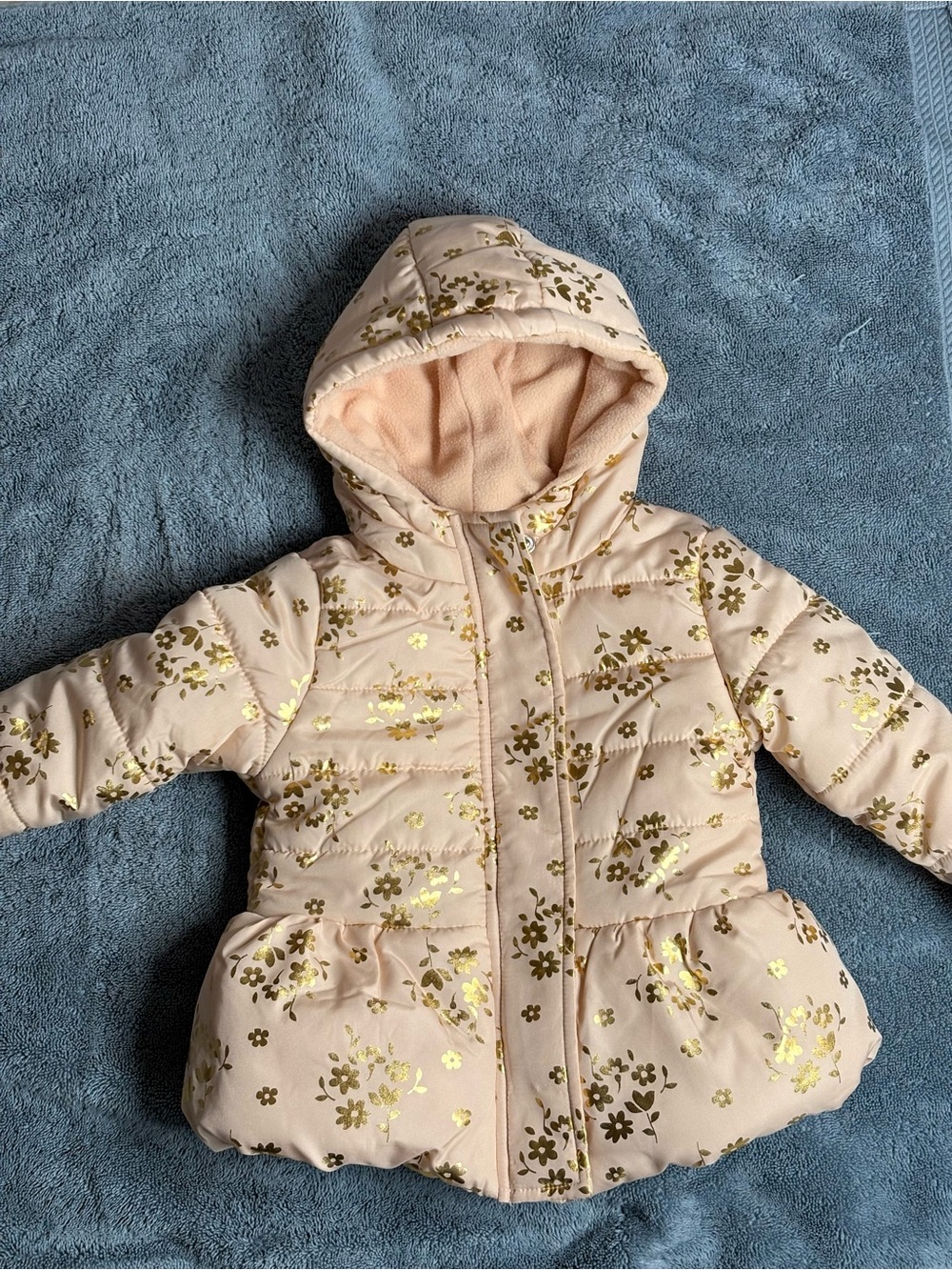 Girls' Light Pink Floral Metallic Puffer Coat with Hood